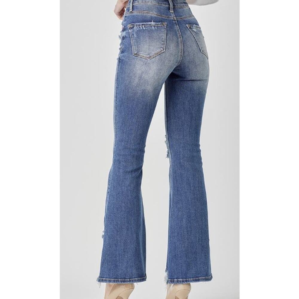 Risen High Rise Distressed Frayed Hem Flare Leg Blue Womens Size 31 - Picture 3 of 14